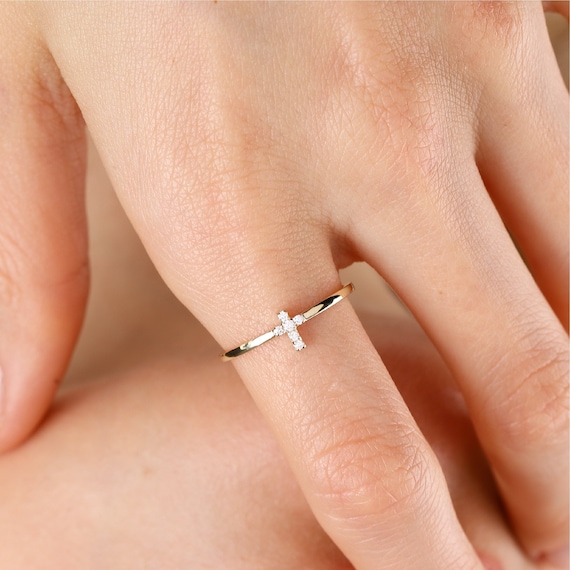 Solid Gold Cross Ring with Diamonds, 14K 18K Gold Handmade Cross Ring For Her, Gold Religious Ring, Baptisim Gift or First Communion Gift