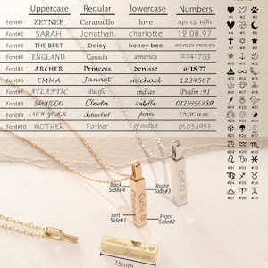 May include: Two vertical bar necklaces in rose gold and silver tones, each with a delicate chain. A separate bar pendant shows the 15mm length. A chart displays ten font styles for uppercase, regular, lowercase, and numbers, plus thirty-nine icons.