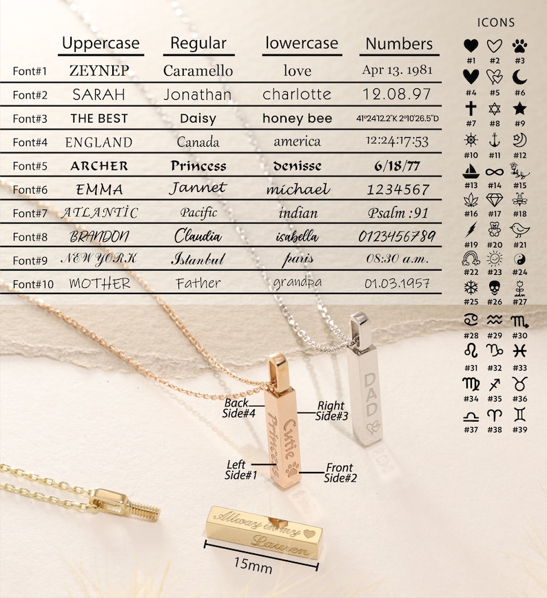 May include: Two vertical bar necklaces in rose gold and silver tones, each with a delicate chain. A separate bar pendant shows the 15mm length. A chart displays ten font styles for uppercase, regular, lowercase, and numbers, plus thirty-nine icons.