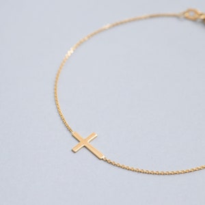 14K Gold Tiny Cross Bracelet, Mini Sideways Cross Bracelet, Celebrity Style Cross Bracelet Gift For Christmas Gift For Mother, Baptism Gift image 4