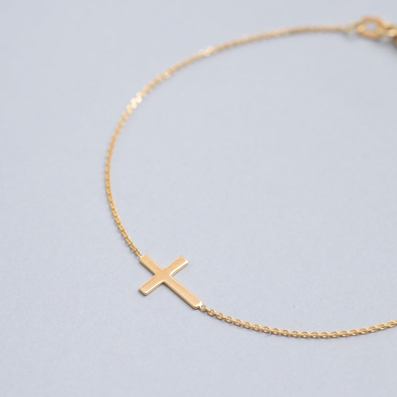 14K Gold Tiny Cross Bracelet, Mini Sideways Cross Bracelet, Celebrity Style Cross Bracelet Gift For Christmas Gift For Mother, Baptism Gift image 4