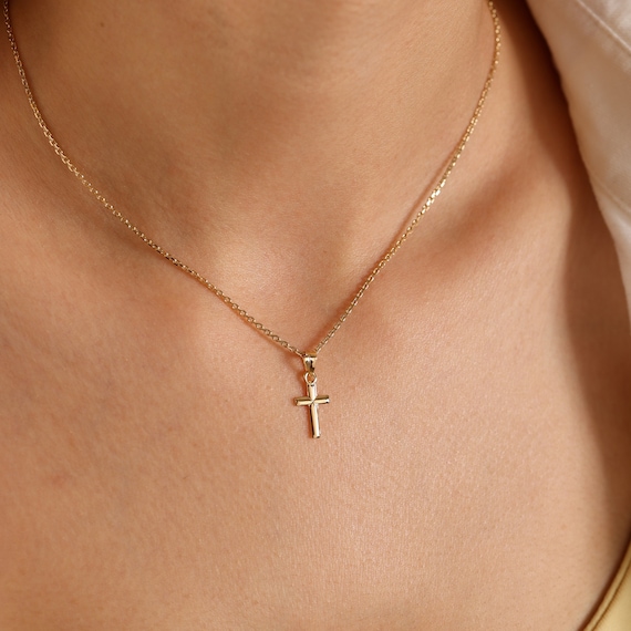 14K Gold Cross Necklaces | Religion Necklaces | 925 Sterling Silver Cross Necklace Gold 14 inch/16 inch / #3 Gold- 10 x 16 mm