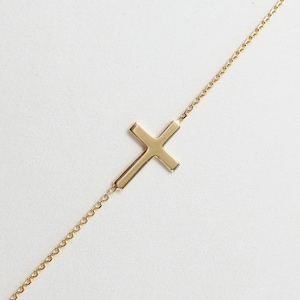 14K Gold Tiny Cross Bracelet, Mini Sideways Cross Bracelet, Celebrity Style Cross Bracelet Gift For Christmas Gift For Mother, Baptism Gift image 8