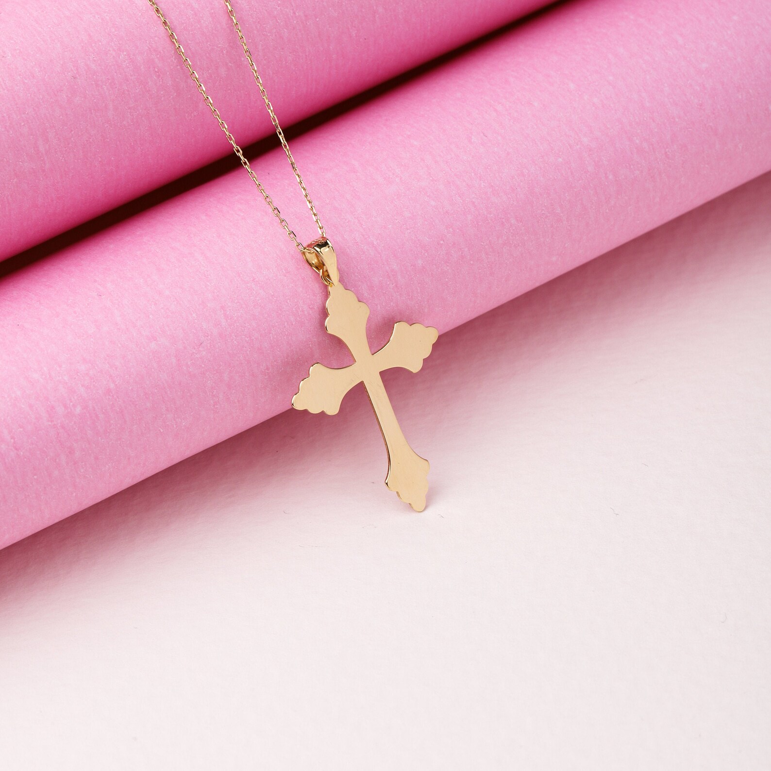 14K Gold Cross Necklace Two Sided Cross Pendant Gold Cross Etsy