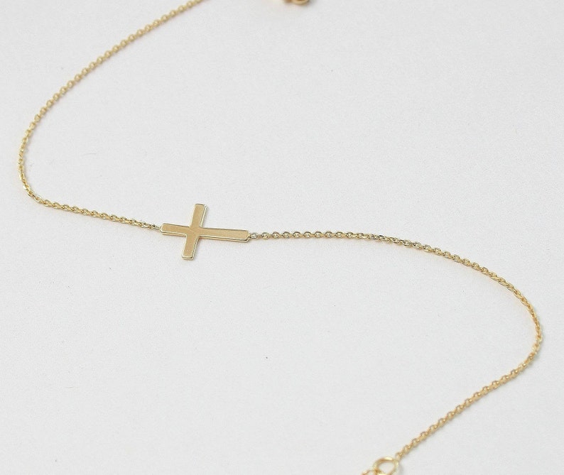 14K Gold Tiny Cross Bracelet, Mini Sideways Cross Bracelet, Celebrity Style Cross Bracelet Gift For Christmas Gift For Mother, Baptism Gift image 10