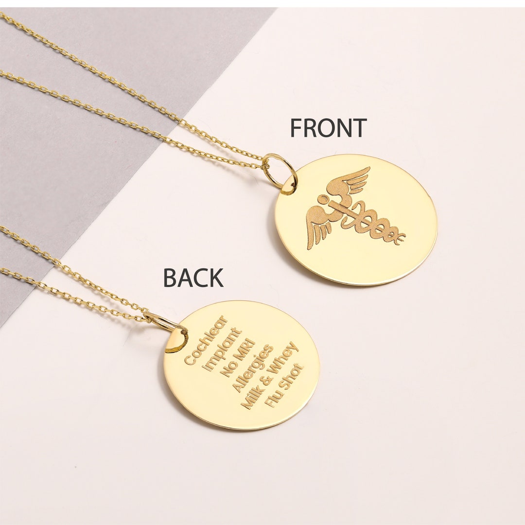 14K Gold Medical Alert Necklace, Custom Engraved ID Jewelry