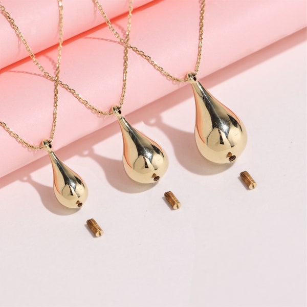 14K Solid Gold Tear Drop Cremation Necklace, 10K Ash Holder Urn Pendant Pet - Human