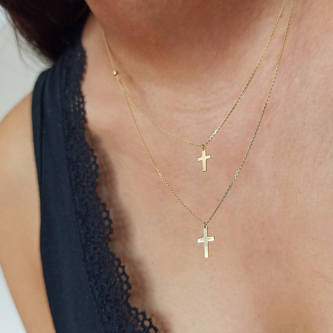 14K Gold Cross Necklace Double Strand Cross Necklace Cross Etsy UK