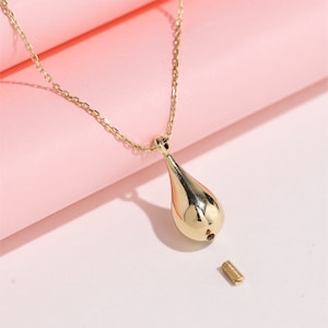 14K Real Gold Tear Drop Cremation Urn Necklace, Dad Mom Baby Son Ashes, Gold Keepsake Pendant For Pet Ashes, Ash Holder Pendant For Pet Loss image 2