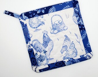 Azul y Blanco Clásico Gallo Quilter Potholder, Cocina, Pollo, Almohadilla Térmica