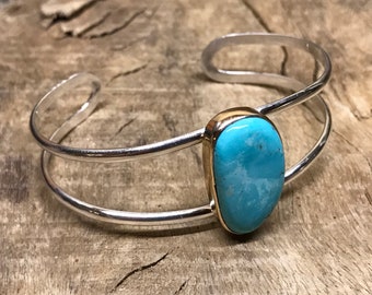 Natural Morenci Turquoise set in 14K GF on sterling silver cuff