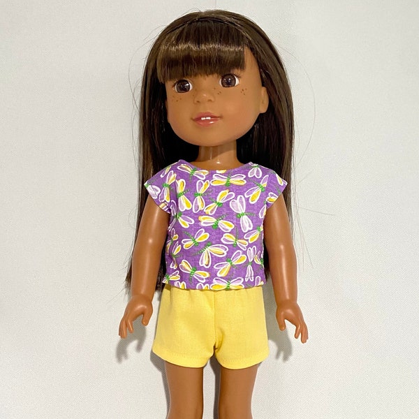 Cap Sleeve Top, Shorts for 14 Inch Doll, Fits Wellie Wisher, Short Shorts, Dragonflies