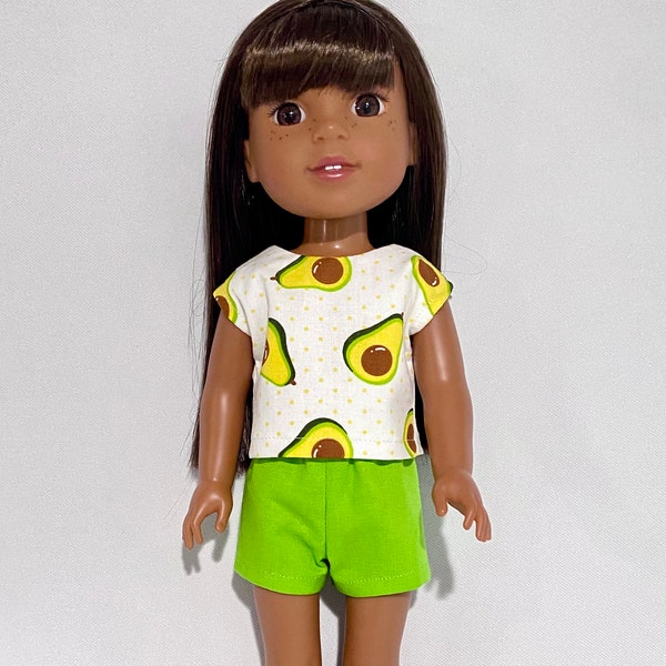 Cap Sleeve Top, Shorts for 14 Inch Doll, Fits Wellie Wisher, Short Shorts, Avocados