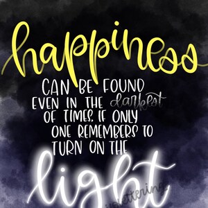 May include: A motivational quote in yellow and white text on a dark blue background. The quote reads: "Happiness can be found even in the darkest of times. If only one remembers to turn on the light."