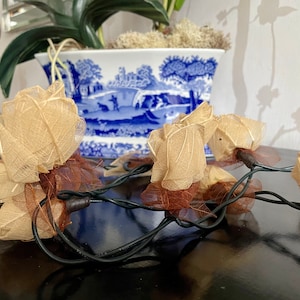 May include: Decorative string lights with beige, leaf-shaped ornaments and brown detailing. The lights are strung on a dark green wire. A blue and white porcelain planter is in the background. The lights create a warm, natural aesthetic.