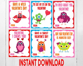 Monster Valentine Cards, Valentine's Day Cards, Printable Valentine Cards, Cute Monster Valentine Cards, Digital Download Valentines, Kids