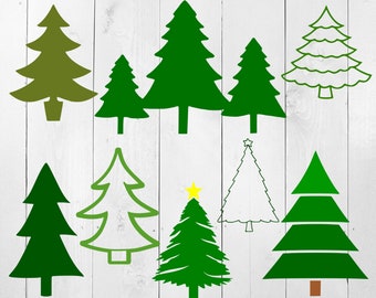 May include: A set of nine green and white Christmas tree silhouettes on a white wood background. The trees are in various sizes and shapes.