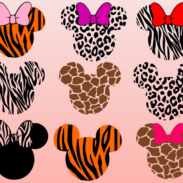 Mouse Head Animal Print SVG, Animal Print Mouse Head SVG, PNG, leopard mouse ears, tiger mouse, Giraffe Mouse, Orlando Theme Park vacation,