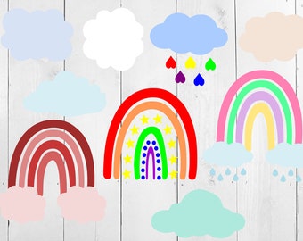Cloud SVG, Boho Rainbow SVG, Neutral Rainbow Svg, Rainbow Png, Rainbow cut file, Cloud Png, Clouds, hand drawn rainbows, rainbows and clouds
