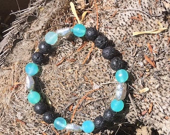 Black Lava and Blue Agate bead bracelet