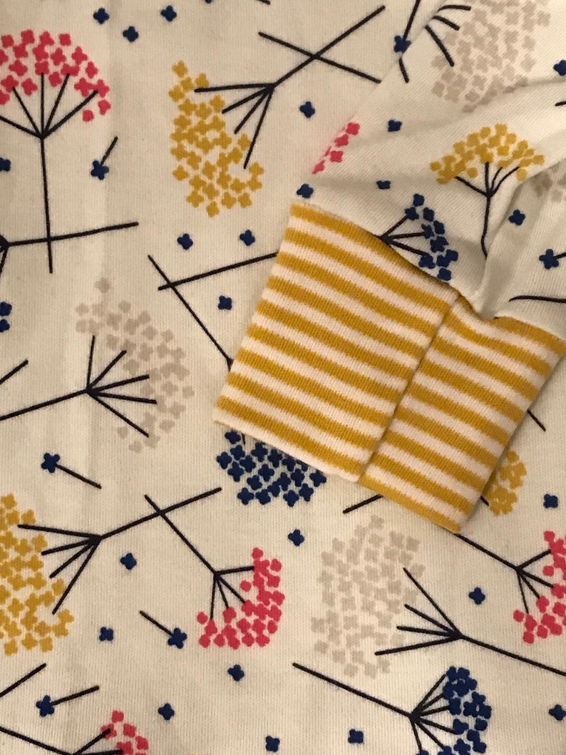 Flower Print with Yellow or Pink Striped Trim Organic cotton knit children/'s PJs