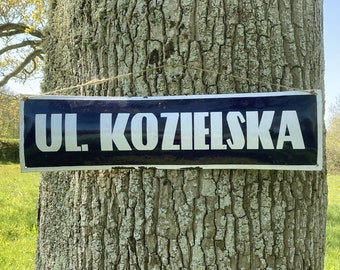 Grande plaque émaillée polonaise blanche sur bleu vintage kozielska