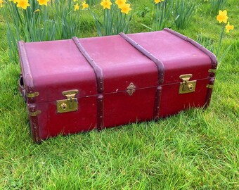 Antique Vintage Steamer Box Chest Storage Banded Travel Trunk in Burgandy