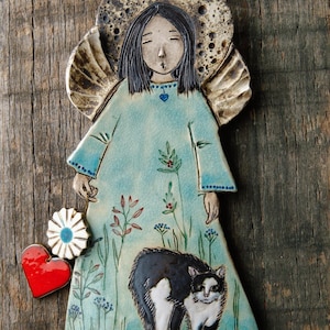 Handmade Ceramic Angel With Cat, Hanging Decoration, Gift for Cat Lovers or Angel Collectors