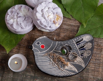 Bird dish for tealight, jewelry, folk style