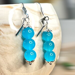 Sea Blue Beads with Silver Wire Trim Lever Back  Drop Earrings
