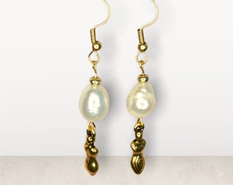 Freshwater Pearl and Gold Goddess Charm drop earrings