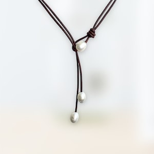 Leather and Pearl lariat Necklace with 3 large freshwater pearls . (Round or teardrop/oval)