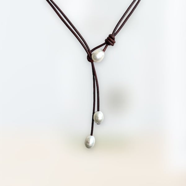 Leather and Pearl lariat Necklace with 3 large freshwater pearls .