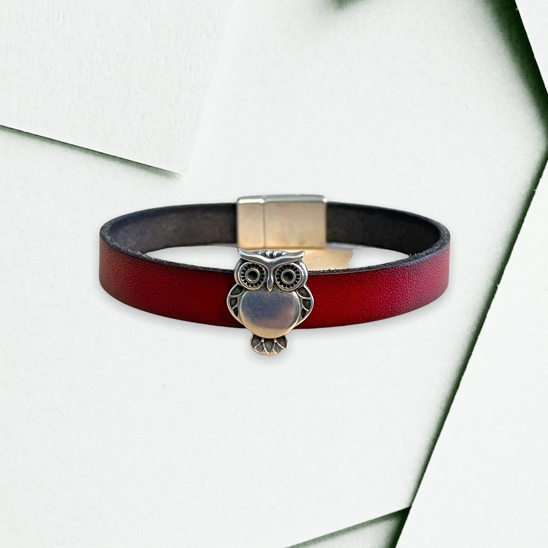 Owl sliding Charm  Bracelet 10mm Leather Band with strong magnetic clasp (Zamak)