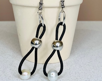 Freshwater Pearl and Leather with silver accents drop earrings