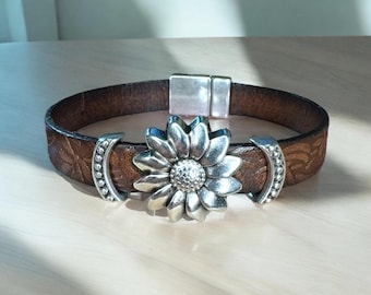 Leather and Sunflower/Daisy Zamak charm bracelet with strong magnetic clasp
