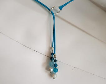 Pearl and Lapis Bead Lariat Necklace suede