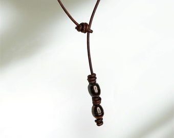 Leather and Black Freshwater Pearl Necklace with Barrel Knots