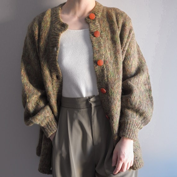 Mustard green mohair cardigan vintage sweater