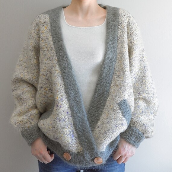 Mohair tweed cardigan cream and blue vintage sweat