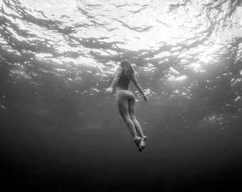 Underwater Black and White Fine Art Print of nude, Underwater ocean photography, Bare beauty.