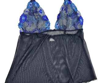 VTG 90s Frederick's of Hollywood Floral Embroidered Lace Mesh Babydoll L USA