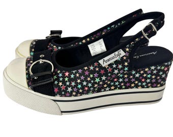 American Eagle Y2K Star Print Platform Wedge Slingback Shoes Black Multi 7.5