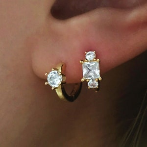 Square crystal hoop earrings, 925 silver huggie hoops, gold mini hoops with crystal , mini hoop earrings