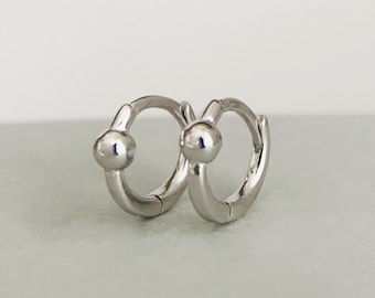 Mini ball hoop earrings, silver huggie hoops, small earrings with crystal , small hoop earrings with mini disc