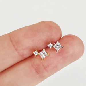 Mini quadratische Ohrstecker, kleine Ohrstecker, kleine Ohrstecker, zwei Kristall Bolzen
