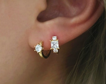 Square crystal hoop earrings, silver 925 huggie hoops, gold mini hoops with crystal , mini hoop earrings