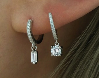 Baguette crystal hoop earrings, round gem pendant earrings, square gem earrings, 925 sterling silver hoops