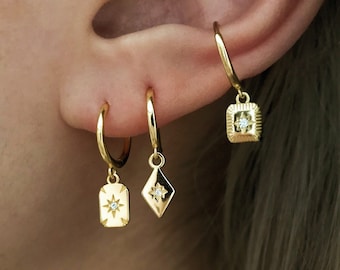 Mini tag earrings with star, mini stacking earrings, gold and silver earrings set