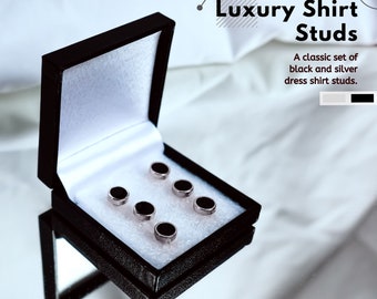 HOESH UK Luxury 6 Shirt Studs Plata/Negro Con Caja Hombres Camisa De Vestir Studs